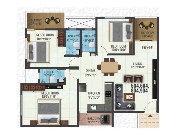 Floor plan of 3 BHK 1076 Sq. Ft. Apartment in ML Tower, Pune