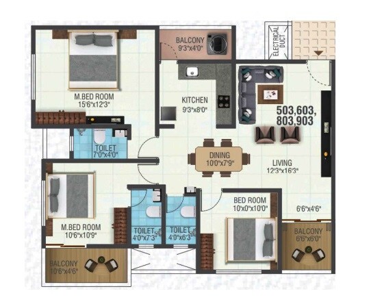 Floor plan of 3 BHK 1103 Sq. Ft. Apartment in ML Tower, Pune