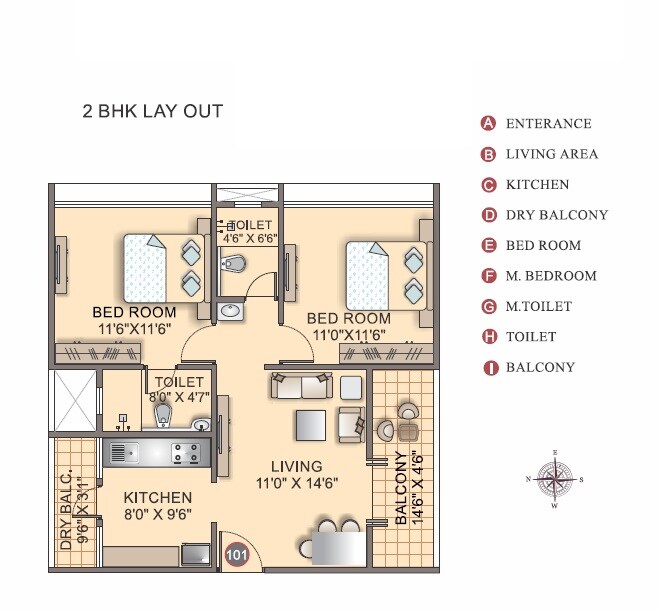 Floor plan of 2 BHK 707 Sq. Ft. Apartment in Modern Blue Sapphire, Pune