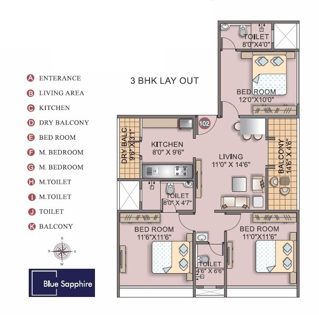 Floor plan of 3 BHK 865 Sq. Ft. Apartment in Modern Blue Sapphire, Pune