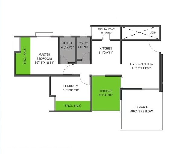 Floor plan of 2 BHK 592 Sq. Ft. Apartment in Mohar Pratima, Pune