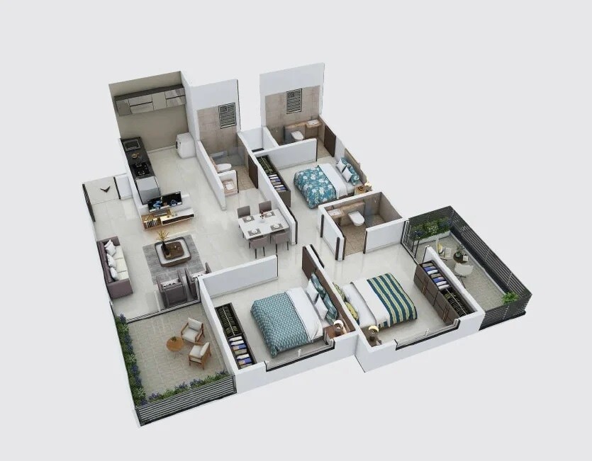 Floor plan of 3 BHK 879 Sq. Ft. Apartment in Mohisha The Skylark, Pune