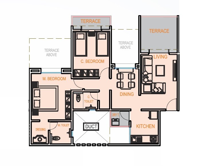 Floor plan of 2 BHK 1305 Sq. Ft. Apartment in Mohite Paradise G, Pune