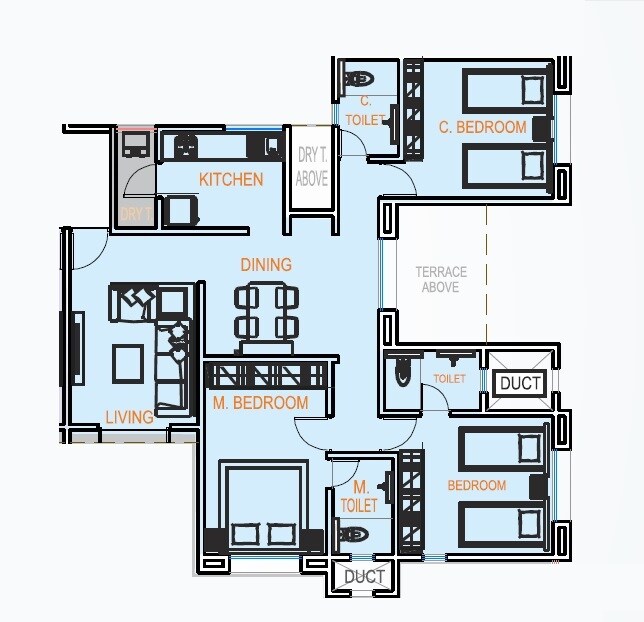 Floor plan of 3 BHK 1441 Sq. Ft. Apartment in Mohite Paradise G, Pune