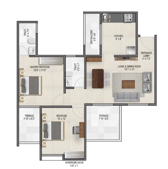 Floor plan of 2 BHK 788 Sq. Ft. Apartment in Mohol Grace Land, Pune