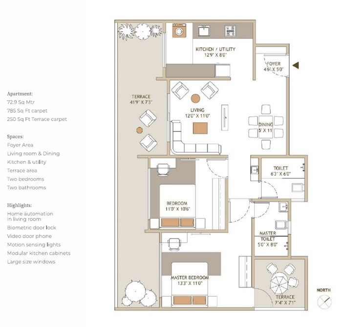 Floor plan of 2 BHK 785 Sq. Ft. Apartment in Mohol Grace Land, Pune