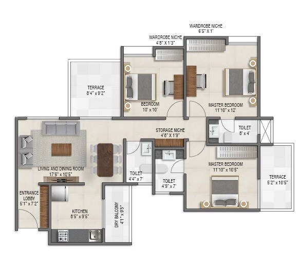 Floor plan of 3 BHK 1032 Sq. Ft. Apartment in Mohol Grace Land, Pune