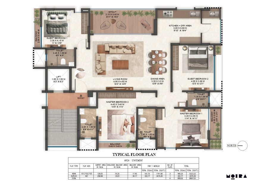 Floor plan of 4 BHK 1741 Sq. Ft. Apartment in Moira Asya, Pune