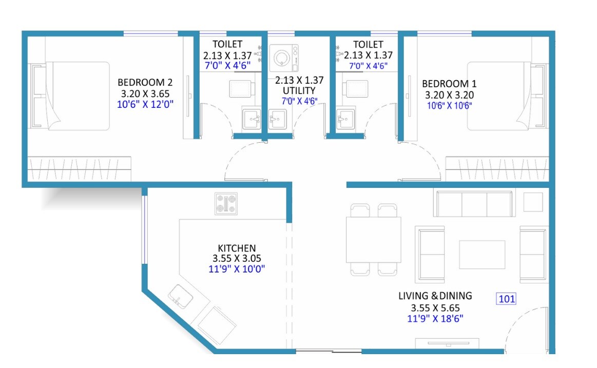 Floor plan of 2 BHK 706 Sq. Ft. Apartment in Momsha Pratibha Sadan, Pune