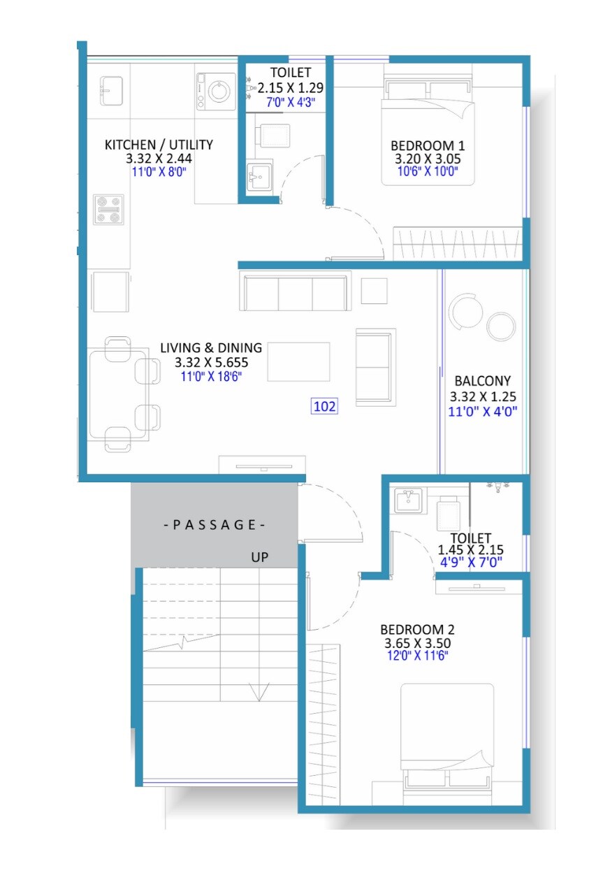 Floor plan of 2 BHK 786 Sq. Ft. Apartment in Momsha Pratibha Sadan, Pune