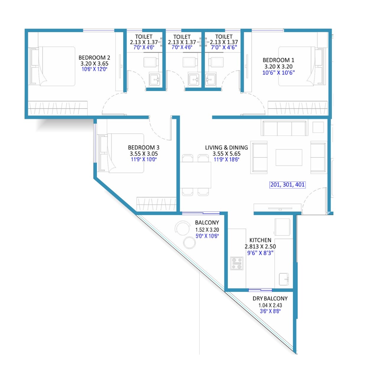 Floor plan of 3 BHK 899 Sq. Ft. Apartment in Momsha Pratibha Sadan, Pune