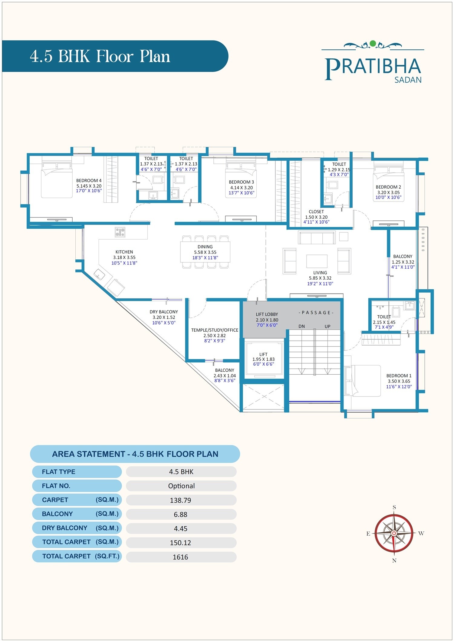 Floor plan of 4 BHK 1616 Sq. Ft. Apartment in Momsha Pratibha Sadan, Pune