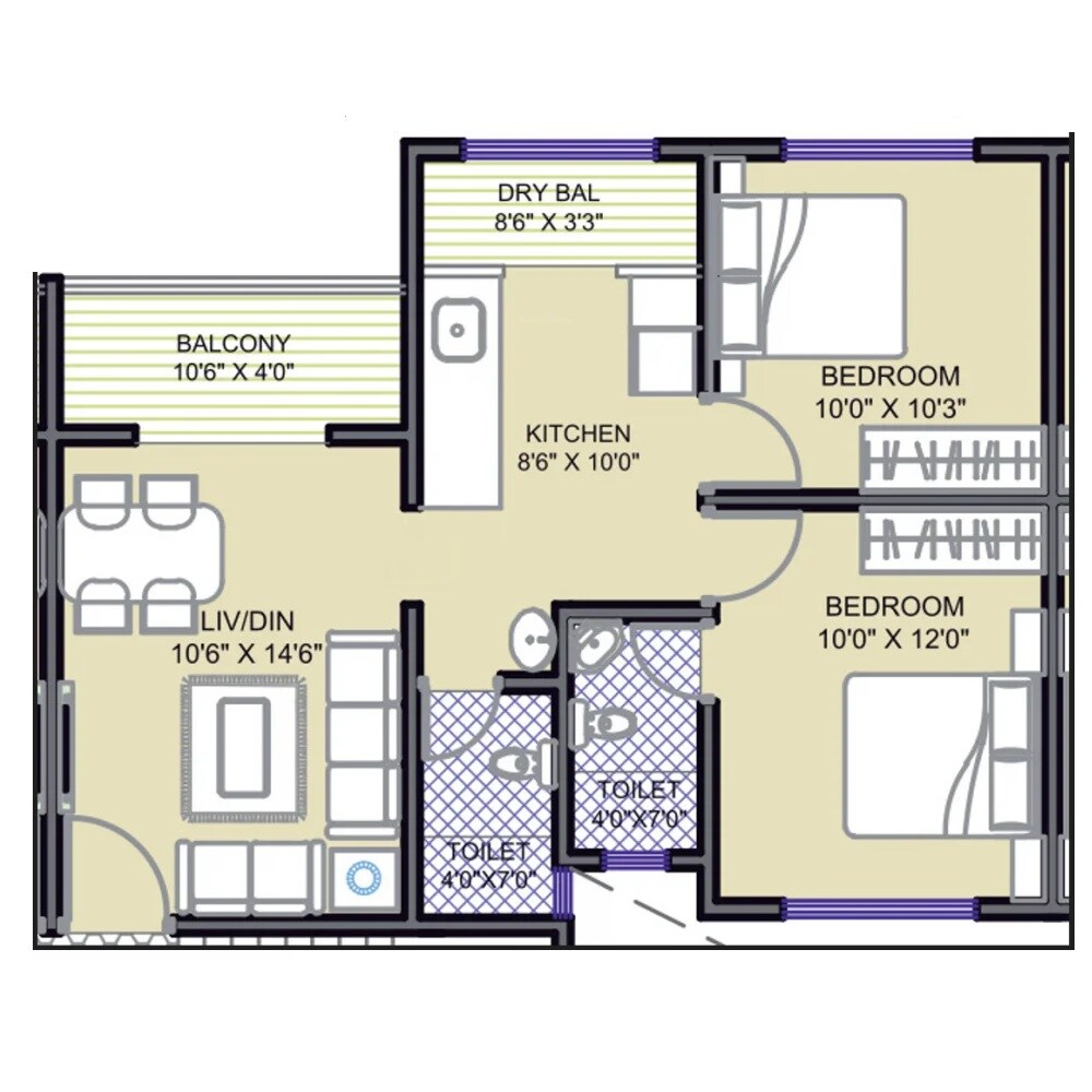 Floor plan of 2 BHK 700 Sq. Ft. Apartment in Monaarch LE Sancy, Pune