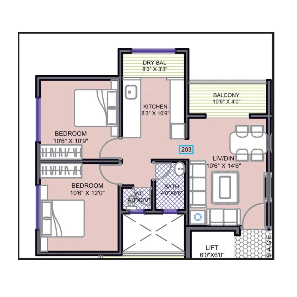 Floor plan of 2 BHK 750 Sq. Ft. Apartment in Monaarch LE Sancy, Pune