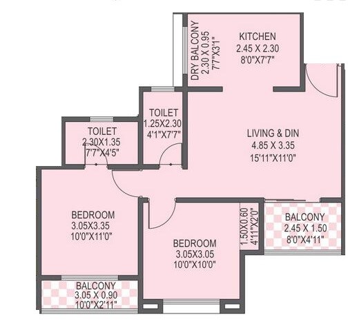 Floor plan of 2 BHK 580 Sq. Ft. Apartment in Mont Vert Belcreek, Pune