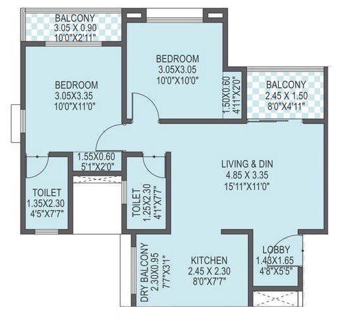 Floor plan of 3 BHK 608 Sq. Ft. Apartment in Mont Vert Belcreek, Pune