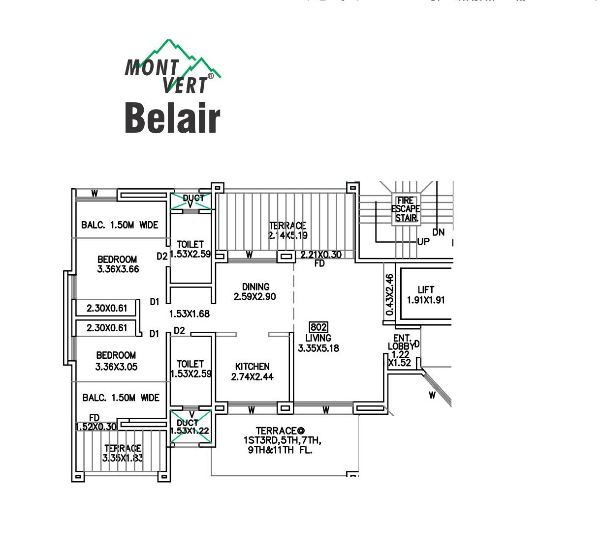 Floor plan of 2 BHK 987 Sq. Ft. Apartment in Mont Vert Belair, Pune