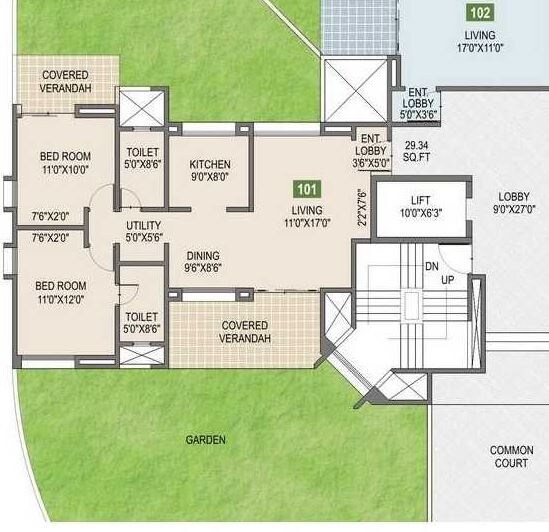Floor plan of 2 BHK 991 Sq. Ft. Apartment in Mont Vert Belair, Pune