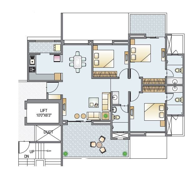 Floor plan of 3 BHK 1196 Sq. Ft. Apartment in Mont Vert Belair, Pune