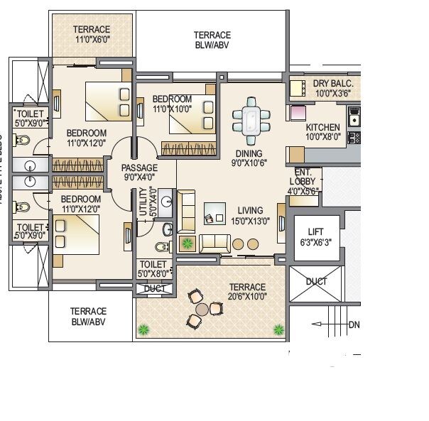 Floor plan of 3 BHK 1330 Sq. Ft. Apartment in Mont Vert Belair, Pune