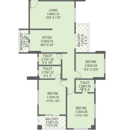 Floor plan of 3 BHK 1026 Sq. Ft. Apartment in Mont Vert Grande Plot 4 Bldg D, Pune