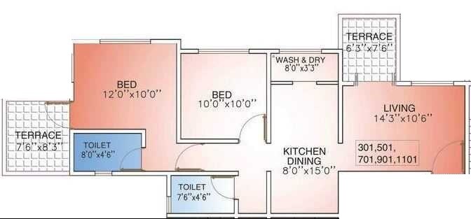 Floor plan of 2 BHK 1128 Sq. Ft. Apartment in Mont Vert Oystera, Pune