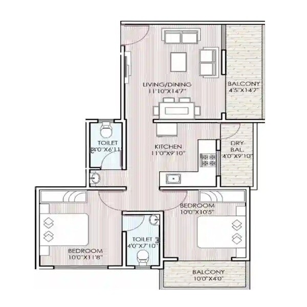 Floor plan of 2 BHK 782 Sq. Ft. Apartment in Moraya Galaxy, Pune