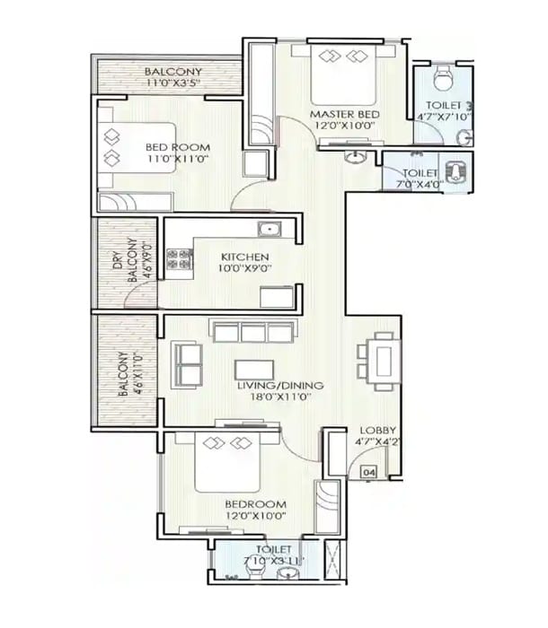 Floor plan of 3 BHK 1067 Sq. Ft. Apartment in Moraya Galaxy, Pune