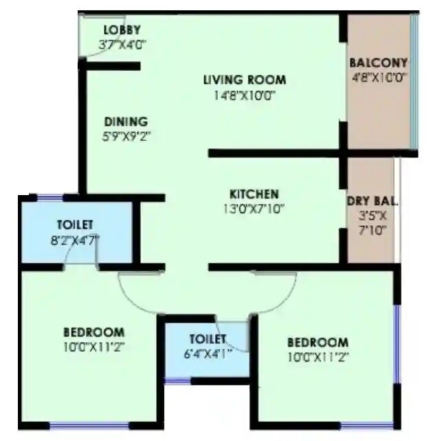 Floor plan of 2 BHK 775 Sq. Ft. Apartment in Moraya Narmada, Pune