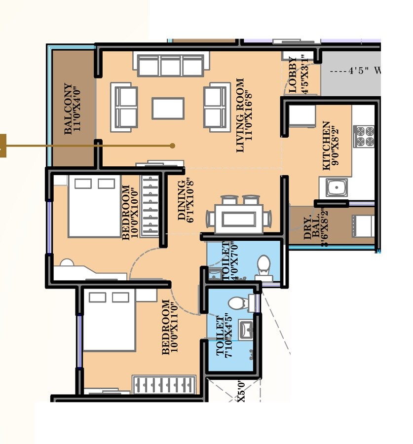 Floor plan of 2 BHK 743 Sq. Ft. Apartment in Moraya Shashwat, Pune
