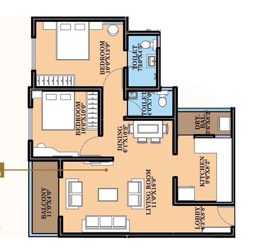 Floor plan of 2 BHK 905 Sq. Ft. Apartment in Moraya Shashwat, Pune