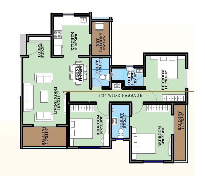 Floor plan of 3 BHK 1052 Sq. Ft. Apartment in Moraya Shashwat, Pune