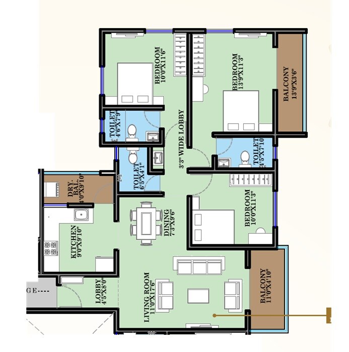 Floor plan of 3 BHK 1085 Sq. Ft. Apartment in Moraya Shashwat, Pune