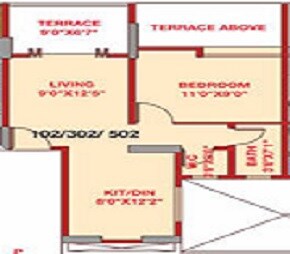 Floor plan of 1 BHK 633 Sq. Ft. Apartment in Moraya Society, Pune