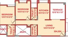 Floor plan of 2 BHK 1018 Sq. Ft. Apartment in Moraya Society, Pune