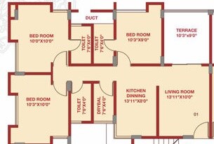 Floor plan of 3 BHK 1113 Sq. Ft. Apartment in Moraya Society, Pune