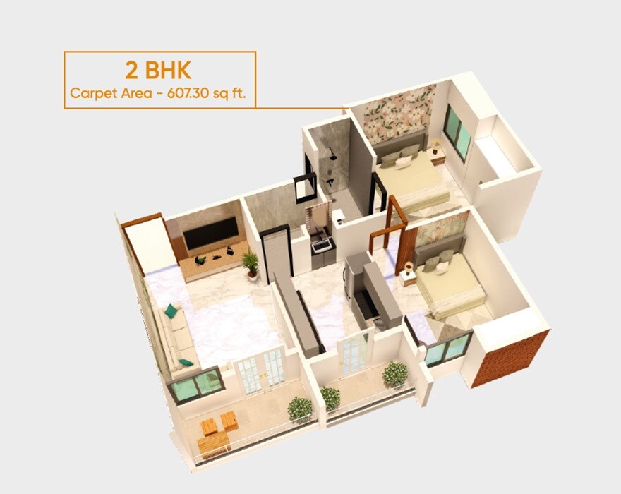 Floor plan of 2 BHK 607 Sq. Ft. Apartment in Moraya Sonadeep, Pune