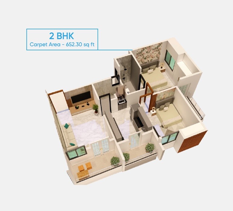 Floor plan of 2 BHK 653 Sq. Ft. Apartment in Moraya Sonadeep, Pune