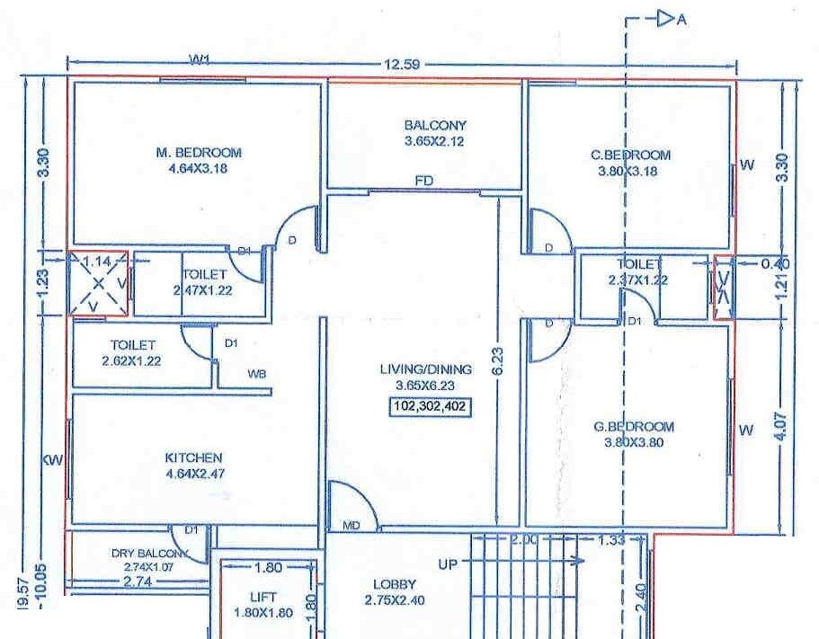 Floor plan of 3 BHK 1104 Sq. Ft. Apartment in Morde Vrindavan Apartments, Pune