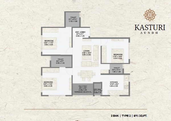 Floor plan of 2 BHK 891 Sq. Ft. Apartment in Morya Kasturi, Pune
