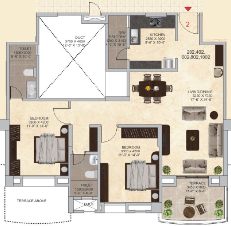 Floor plan of 2 BHK 1053 Sq. Ft. Apartment in Mosiac Green Valley, Pune