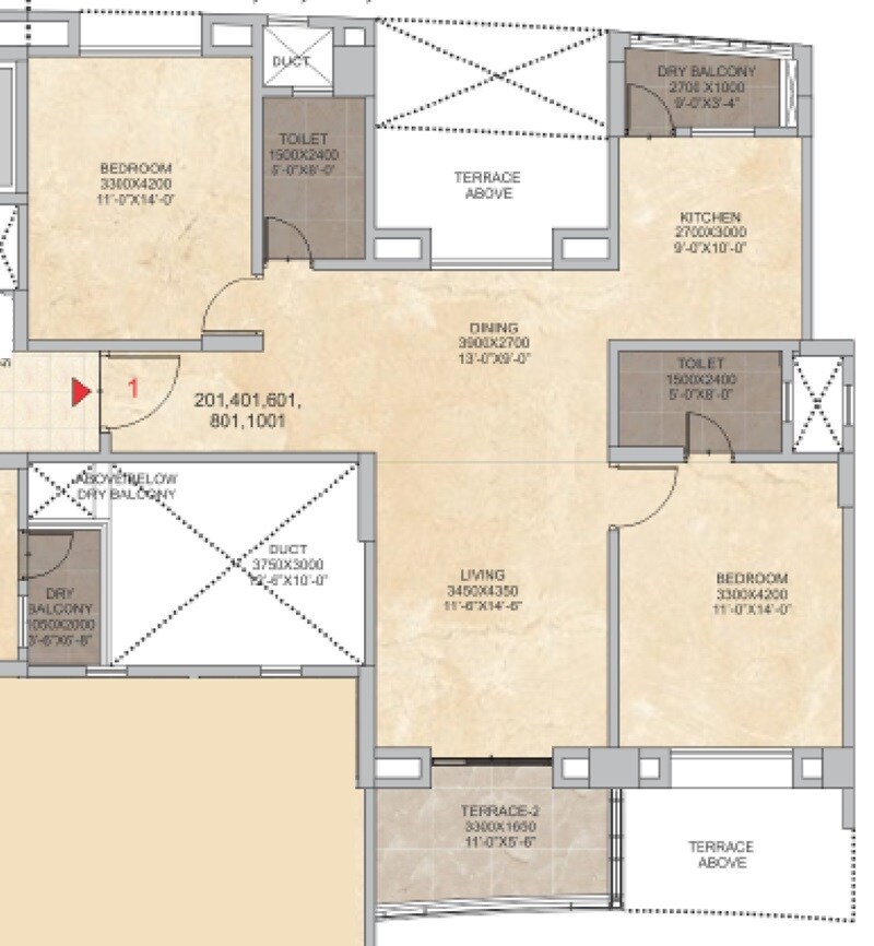 Floor plan of 2 BHK 956 Sq. Ft. Apartment in Mosiac Green Valley, Pune