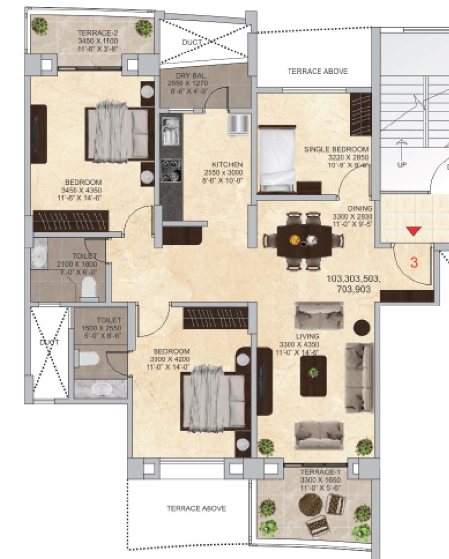 Floor plan of 3 BHK 1176 Sq. Ft. Apartment in Mosiac Green Valley, Pune