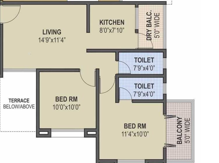 Floor plan of 2 BHK 750 Sq. Ft. Apartment in Moze Dream Savera, Pune
