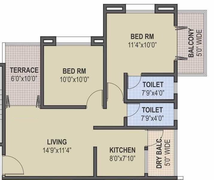 Floor plan of 2 BHK 926 Sq. Ft. Apartment in Moze Dream Savera, Pune