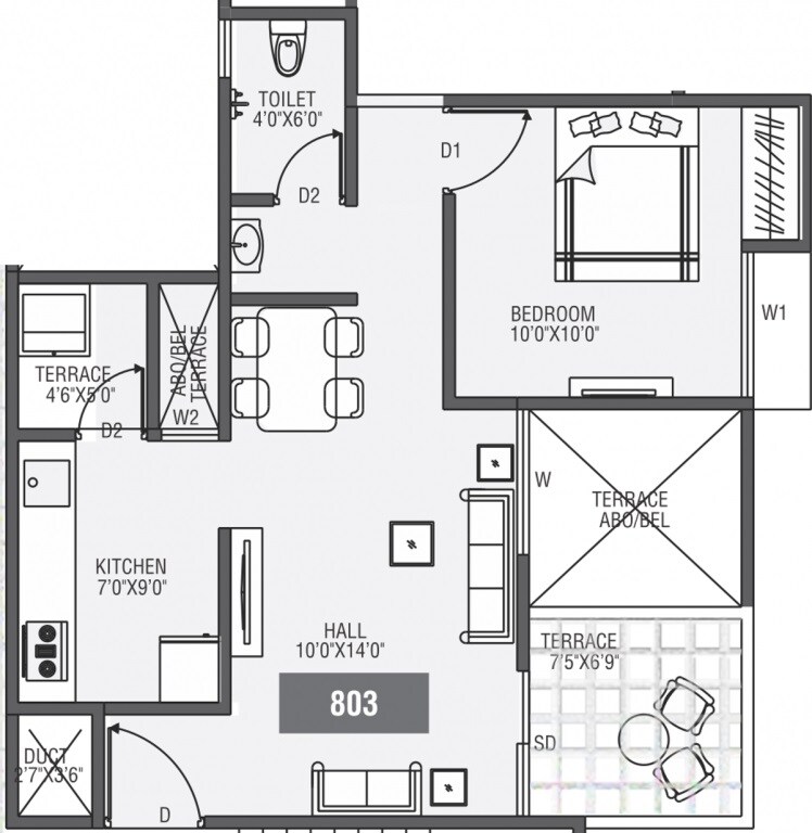Floor plan of 1 BHK 505 Sq. Ft. Apartment in Moze Skyways Esfera 2, Pune