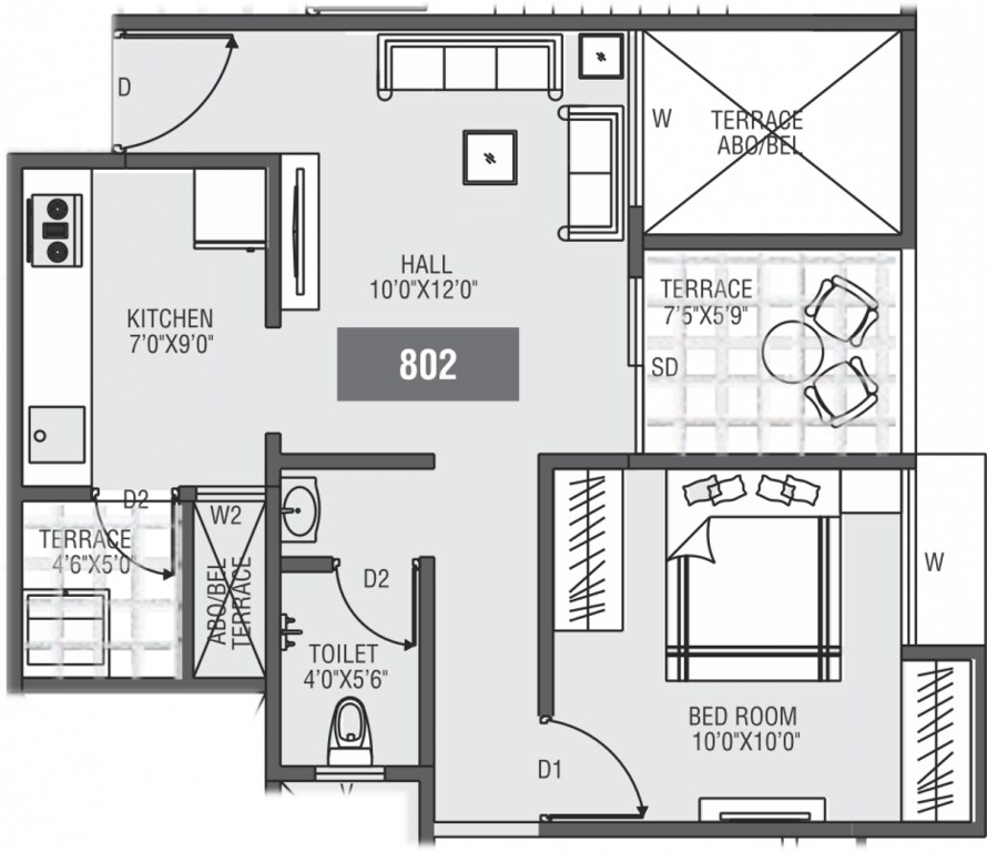 Floor plan of 1 BHK 459 Sq. Ft. Apartment in Moze Skyways Esfera 2, Pune