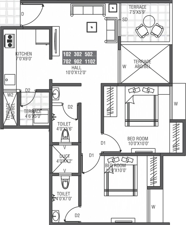 Floor plan of 2 BHK 745 Sq. Ft. Apartment in Moze Skyways Esfera 2, Pune