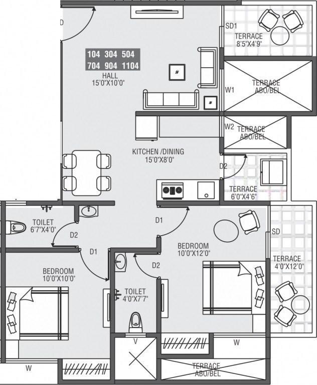 Floor plan of 2 BHK 663 Sq. Ft. Apartment in Moze Skyways Esfera, Pune