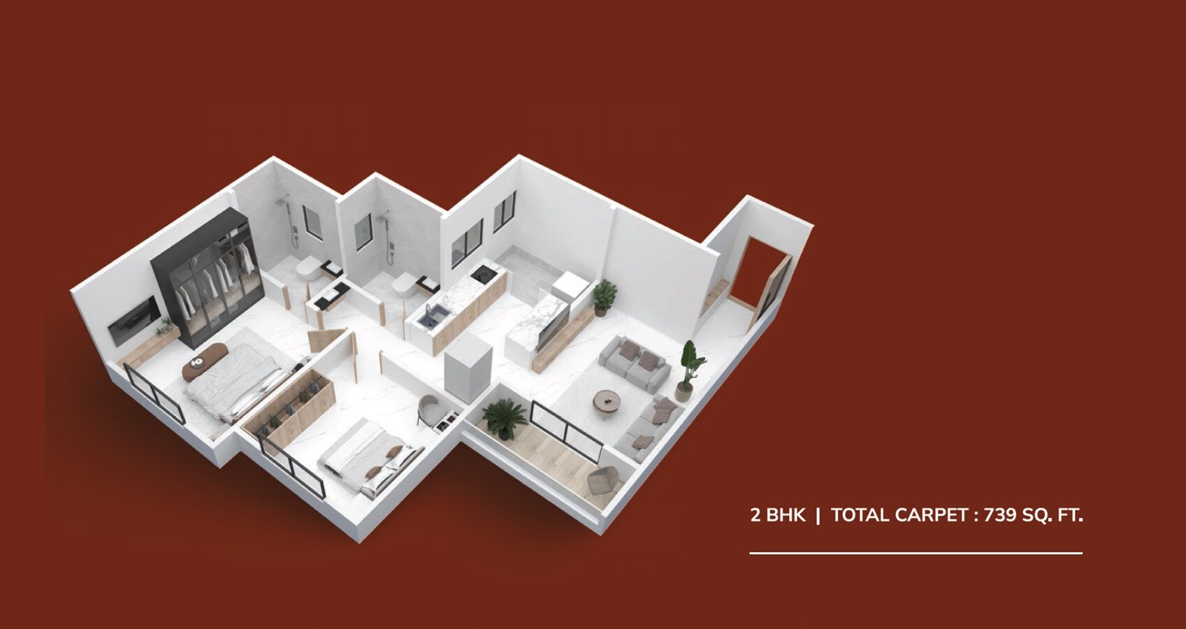 Floor plan of 2 BHK 739 Sq. Ft. Apartment in MS Shree Aarti, Pune